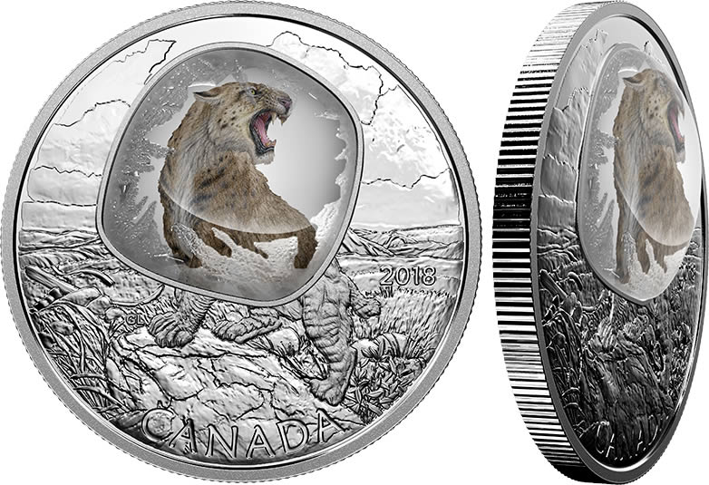 RCM-New-Release:-2018-1-Oz.-Pure-Silver-Coloured-Coin-�-Frozen-In-Ice:-Scimitar-Sabre-Tooth-Cat